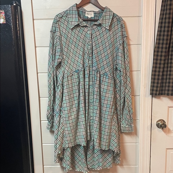 Oli & Hali Back Tiered Check Plaid Tunic High Low Dress Mint Green Boho Size L. - Picture 2 of 9